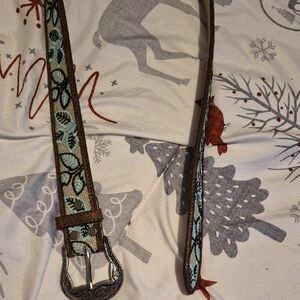 Brown and Blue Patterned Western Belt with Silver Buckle. Beautiful Stitching.